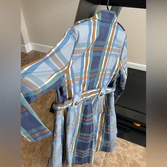CAbi Plaid Trench Coat in Navy, Teal & Camel - Picture 3 of 4